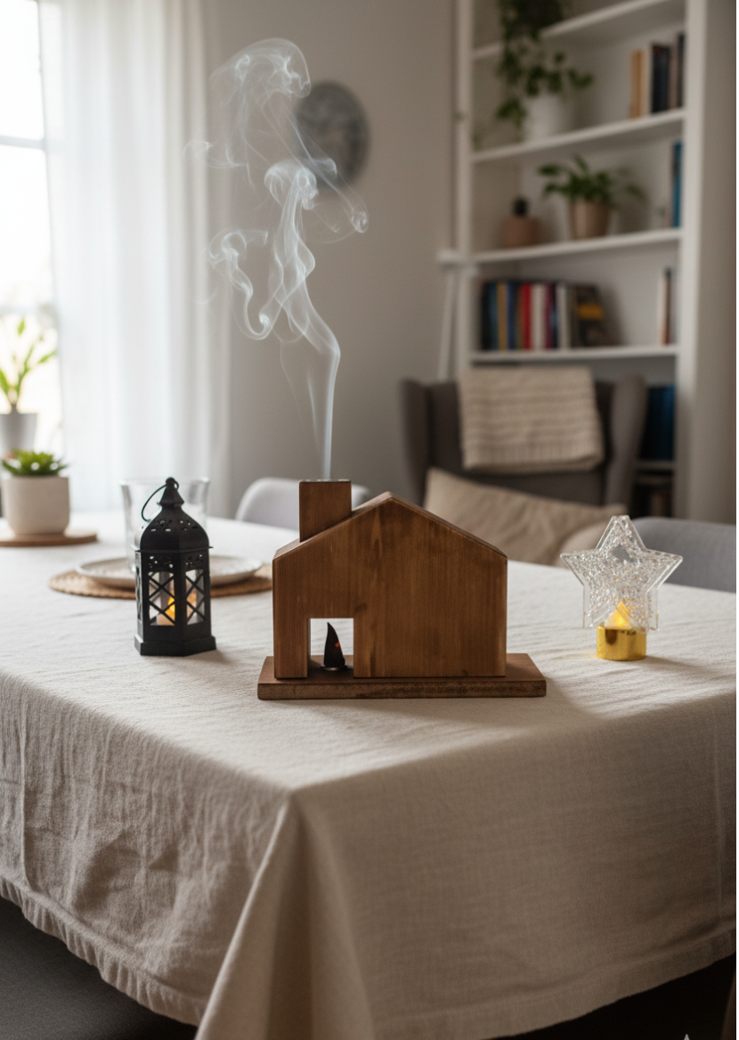 مبخرة على شكل منزل من الخشب الاحمر + علبة بخور هدية